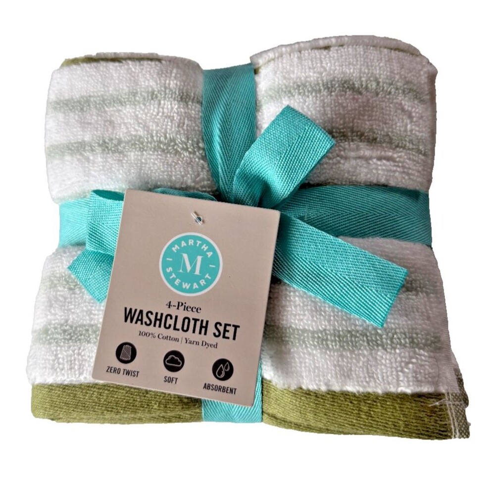 Martha Stewart Facecloths Washcloths White Green Blue Stripe 13x13" Set of 4